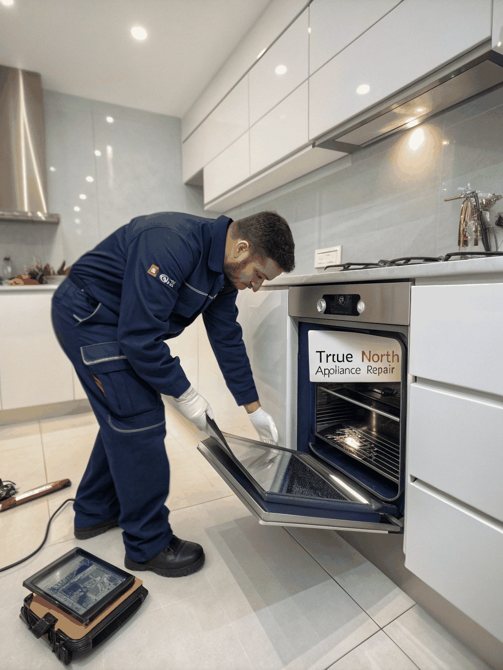 Appliance repair technician diagnosing modern kitchen equipment in Roswell GA