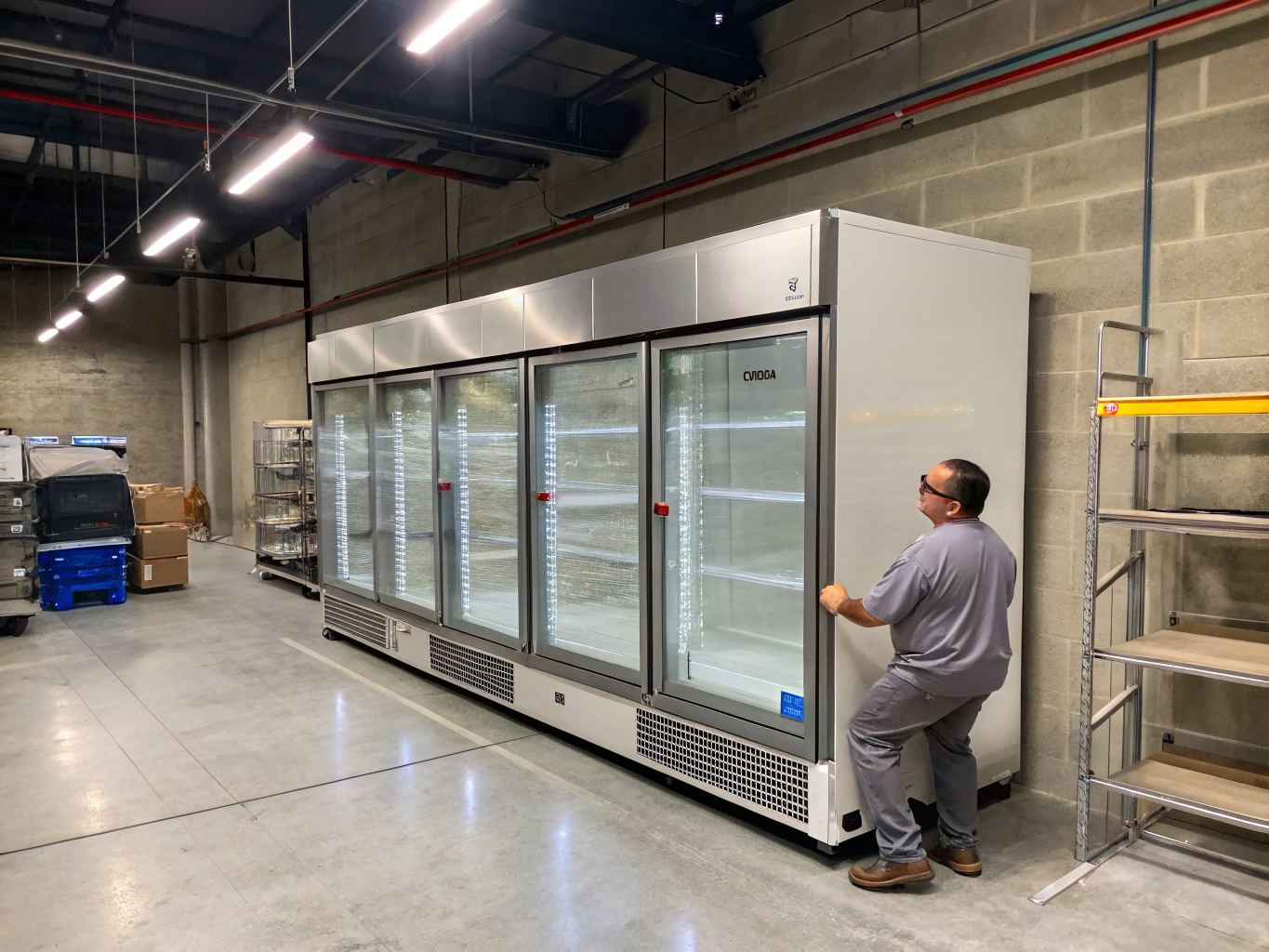 Technician inspecting commercial walk in refrigeration equipment in Roswell GA