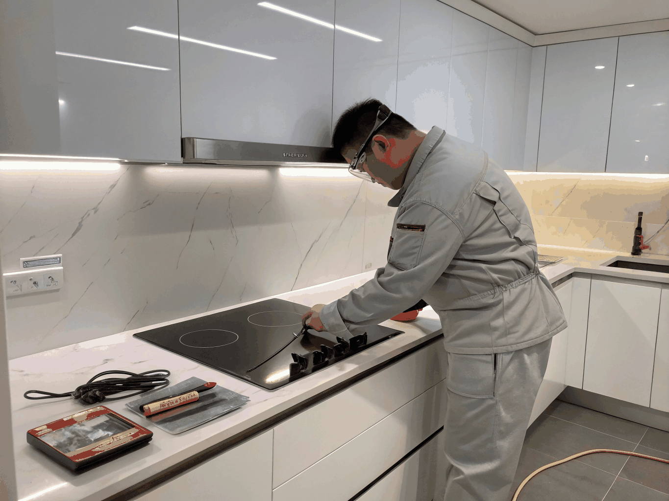 Technician performing electrical voltage analysis on high-end cooktop