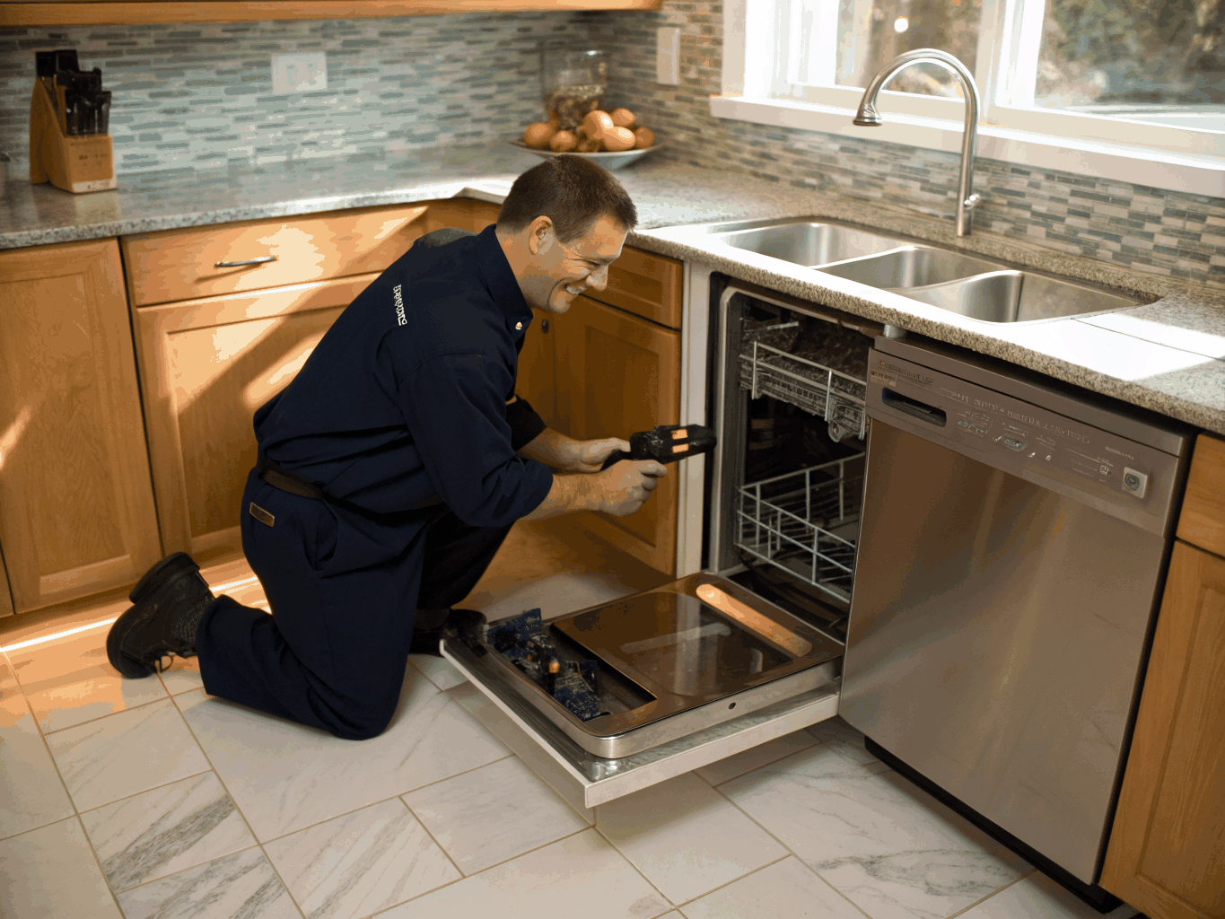 Under-counter dishwasher drain pump and spray arm repair
