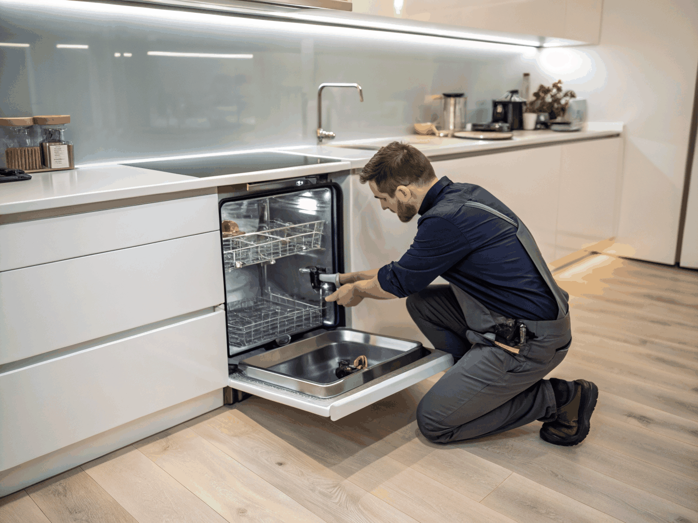 Professional technician servicing and diagnosing built-in dishwasher in Roswell home