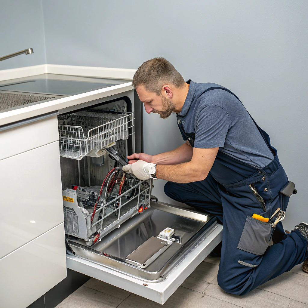 Technician troubleshooting stainless steel dishwasher pump and valve