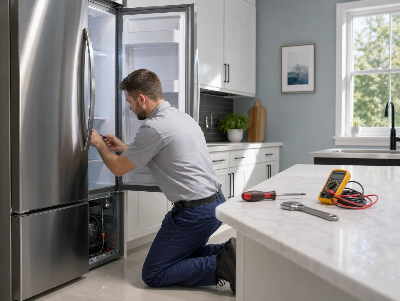 Appliance repair technician diagnosing a kitchen refrigeration unit in Roswell