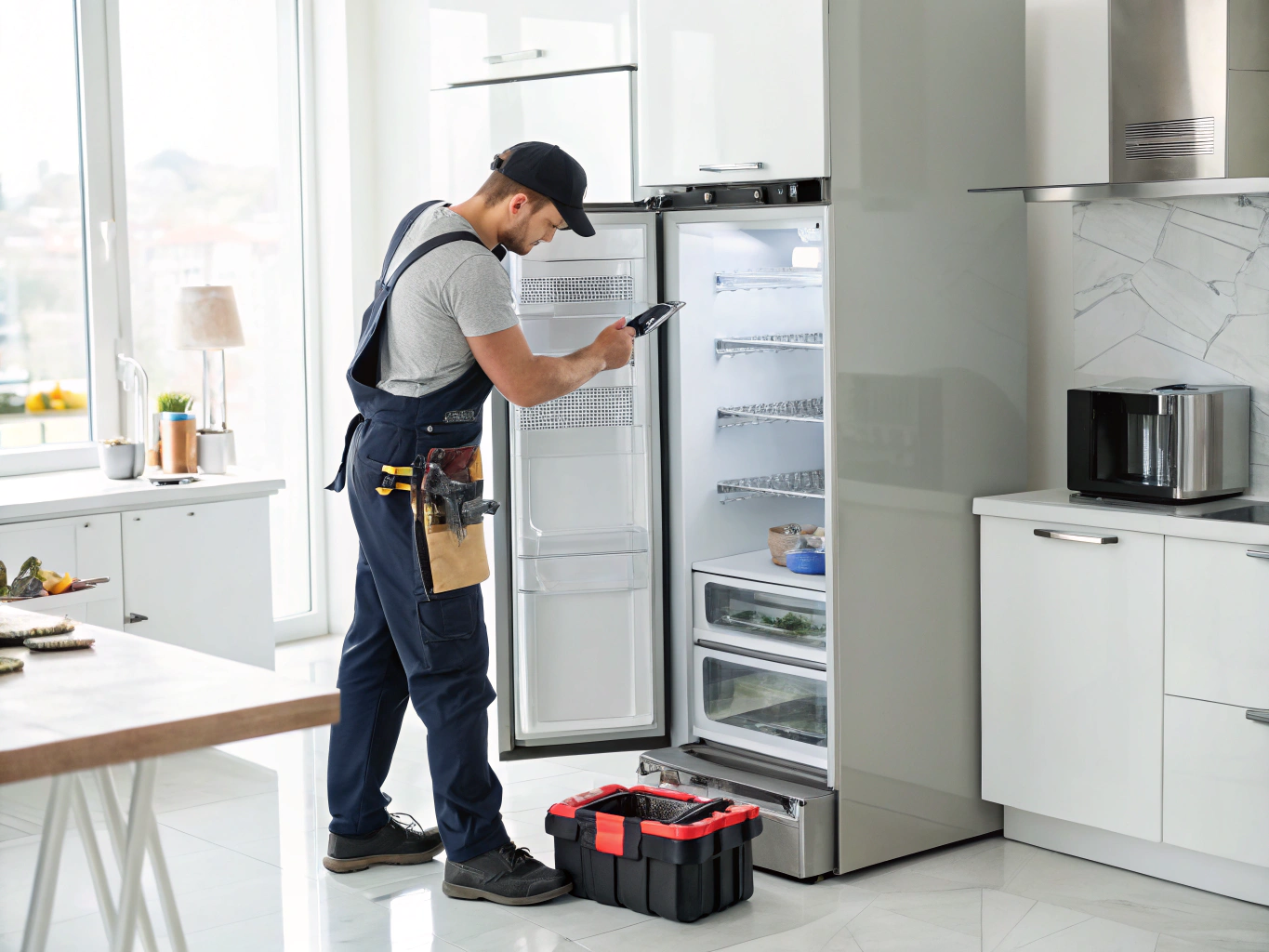 Built-in ice machine module replacement and water line inspection