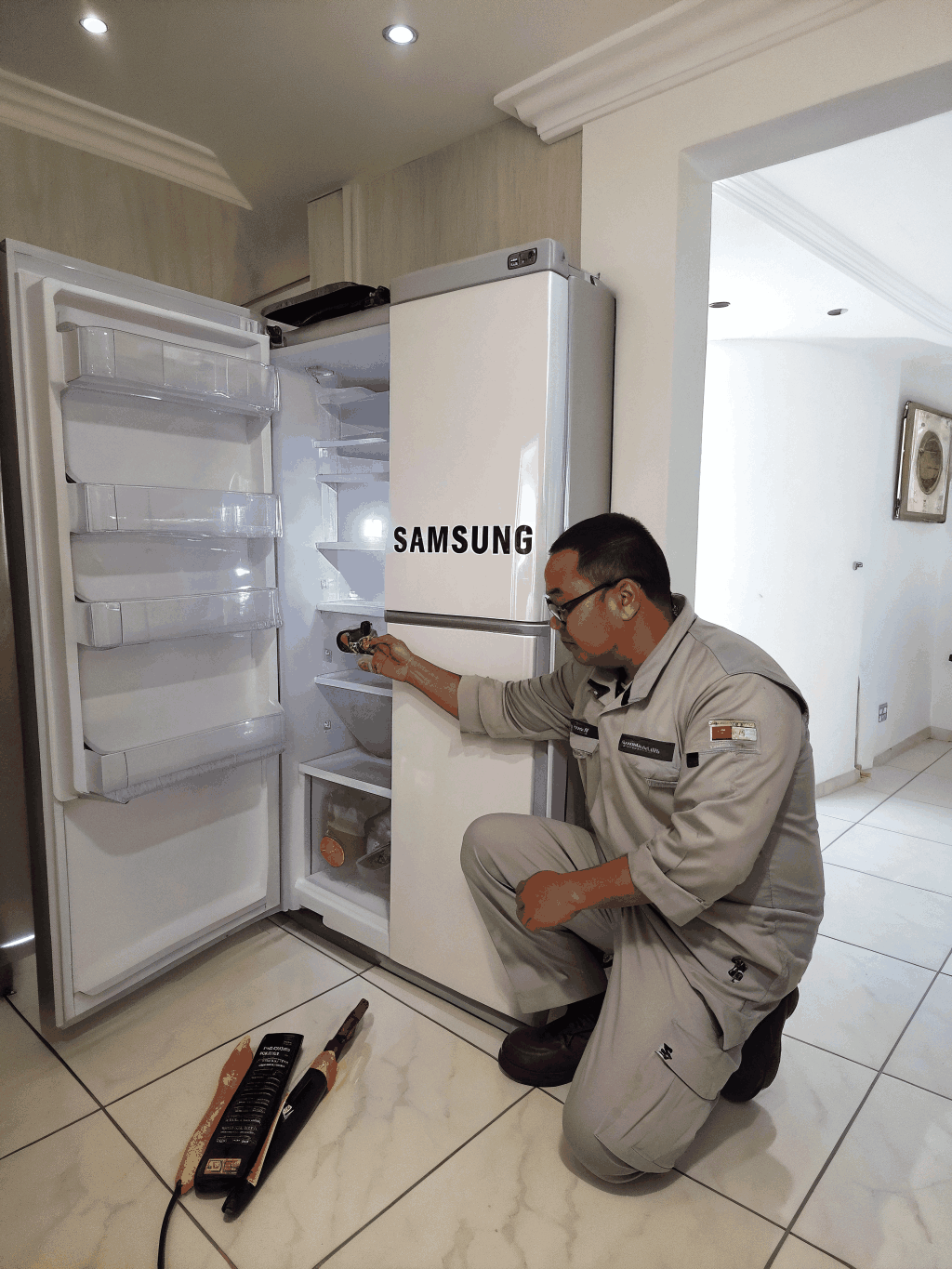 Professional technician inspecting and repairing a residential refrigerator ice maker assembly