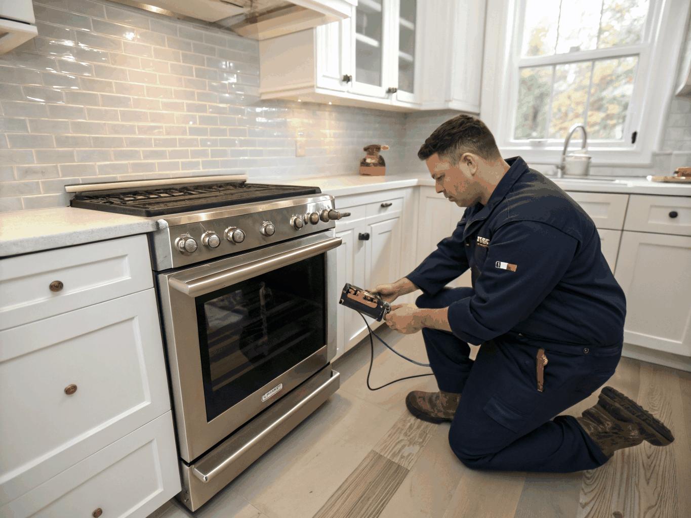 Technician servicing a modern stainless steel kitchen oven