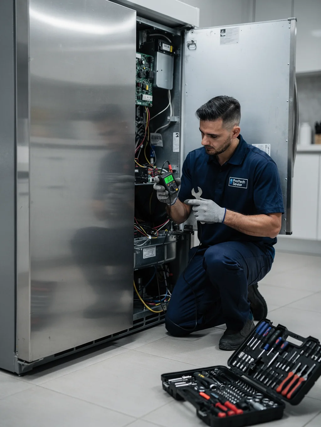 Professional technician servicing a modern stainless steel refrigerator in Roswell GA