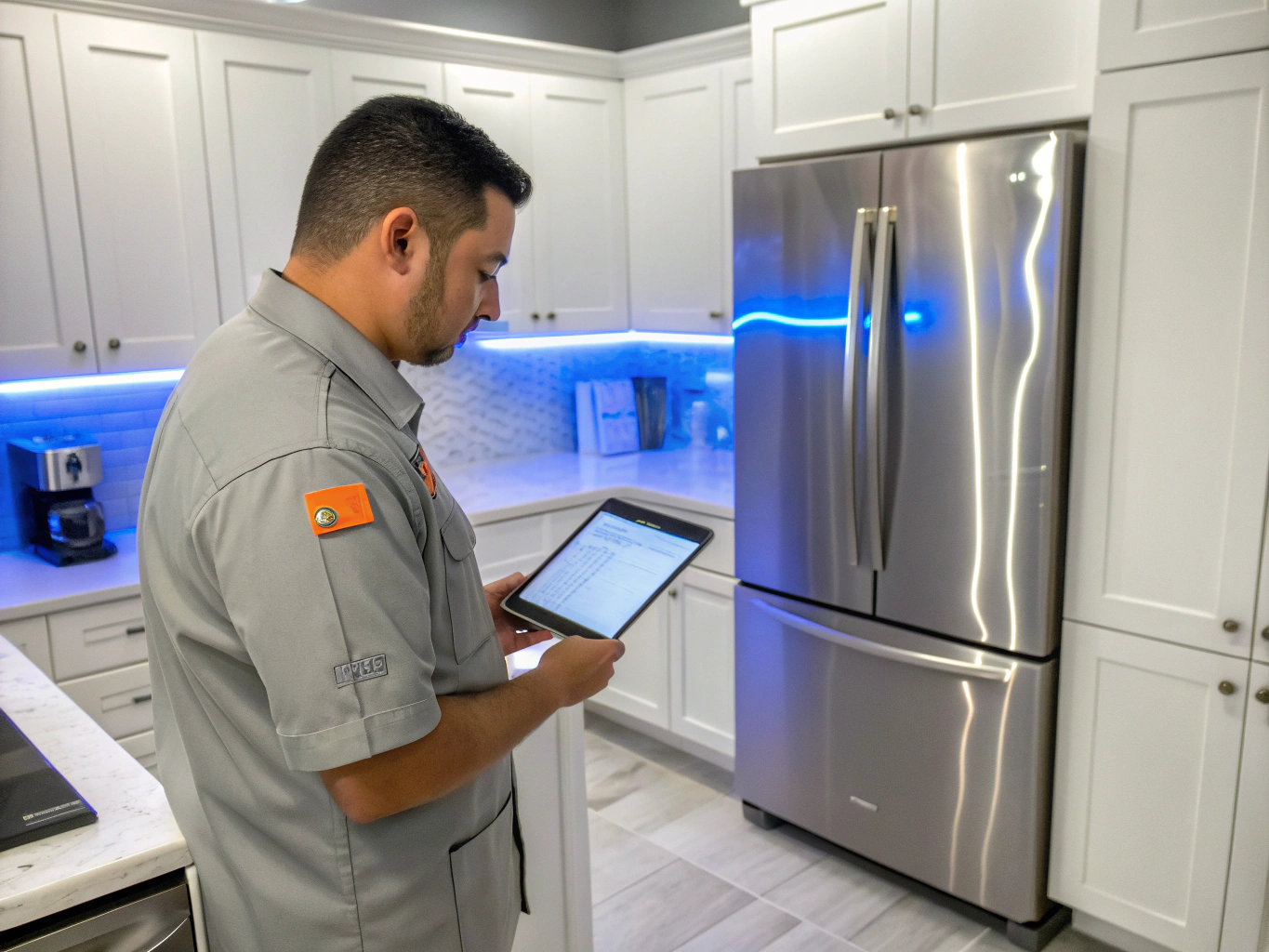 Professional appliance technician diagnosing refrigerator cooling coils in Roswell GA
