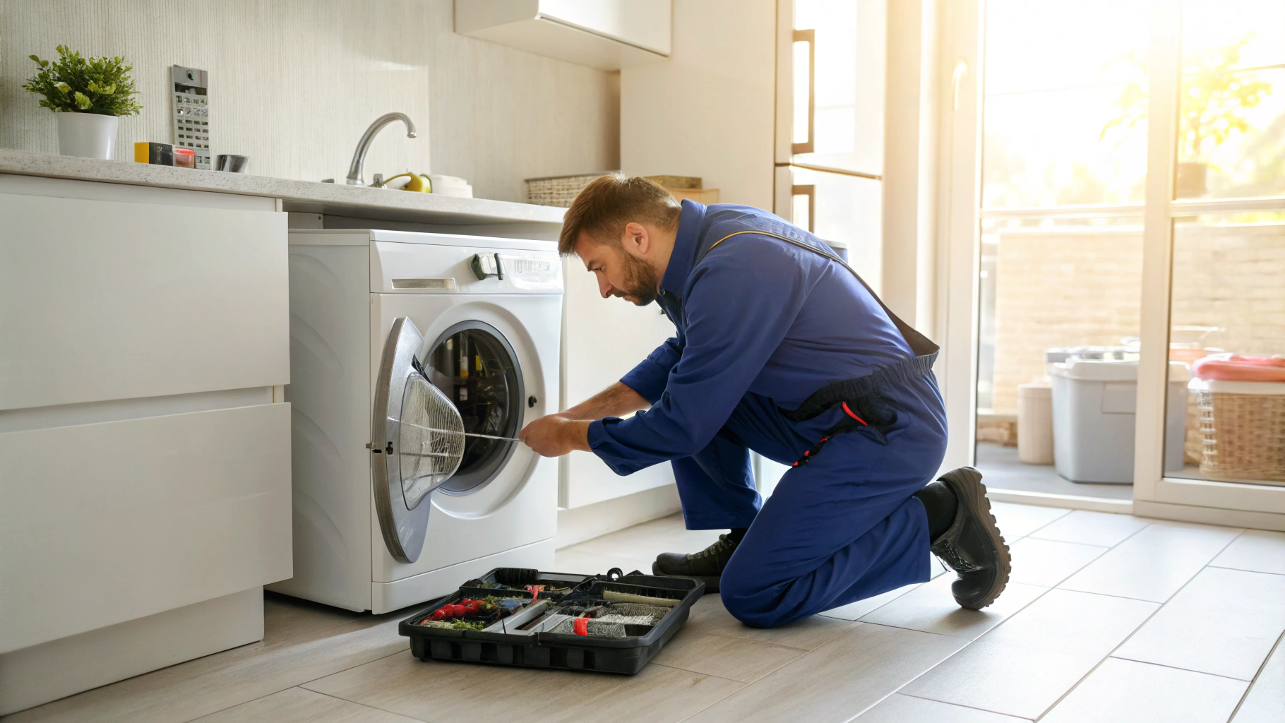 Certified appliance technician performing diagnostic inspection on a residential clothes dryer in Roswell GA