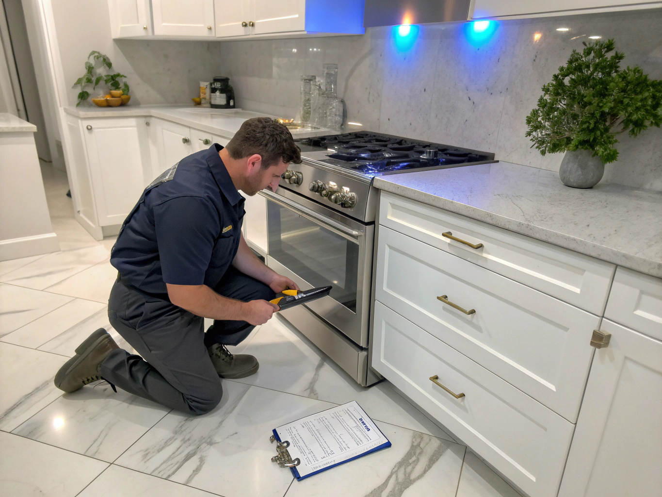 Appliance technician diagnosing gas stove ignition