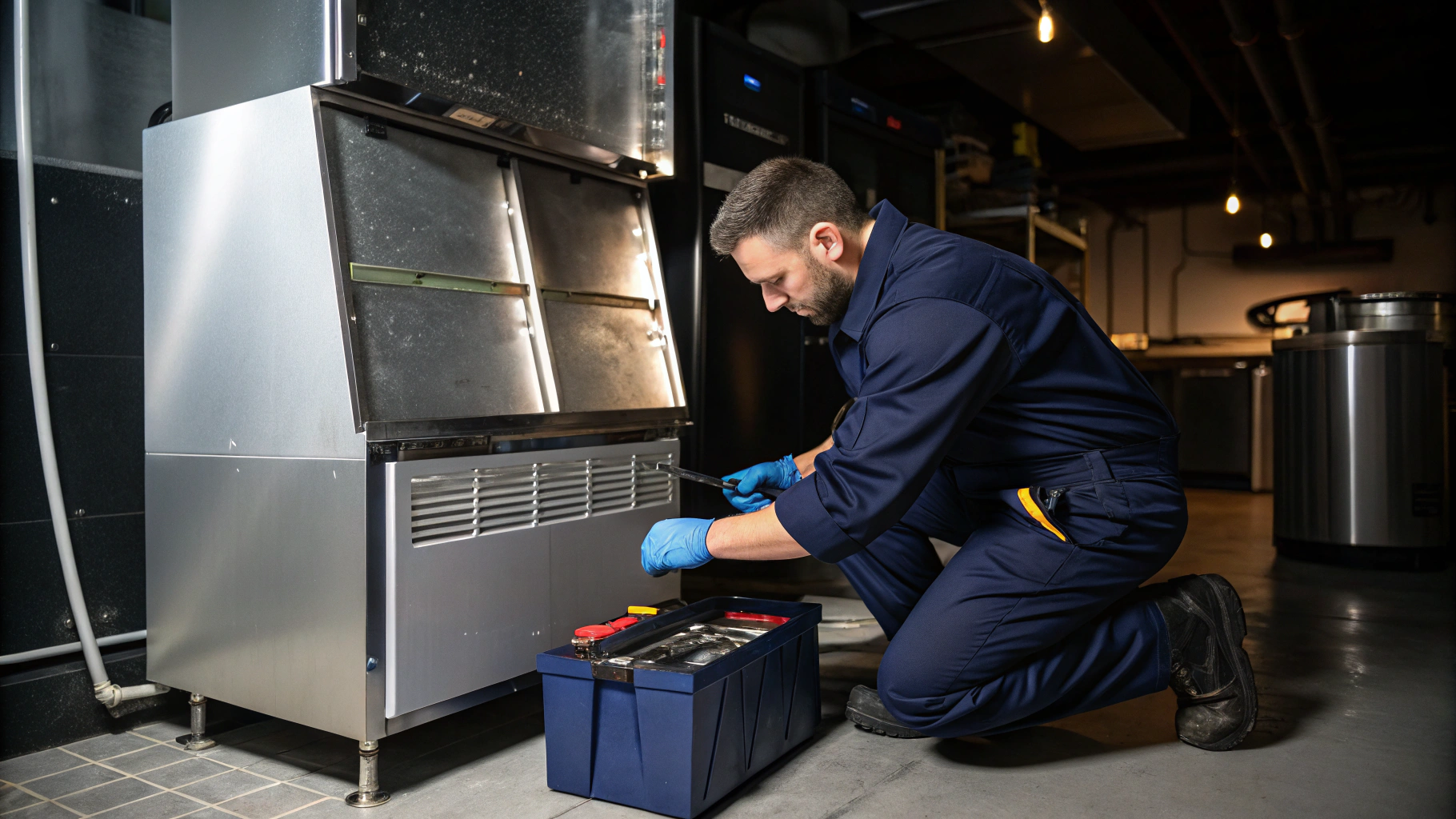Professional appliance technician inspecting residential and commercial freezer cooling coils