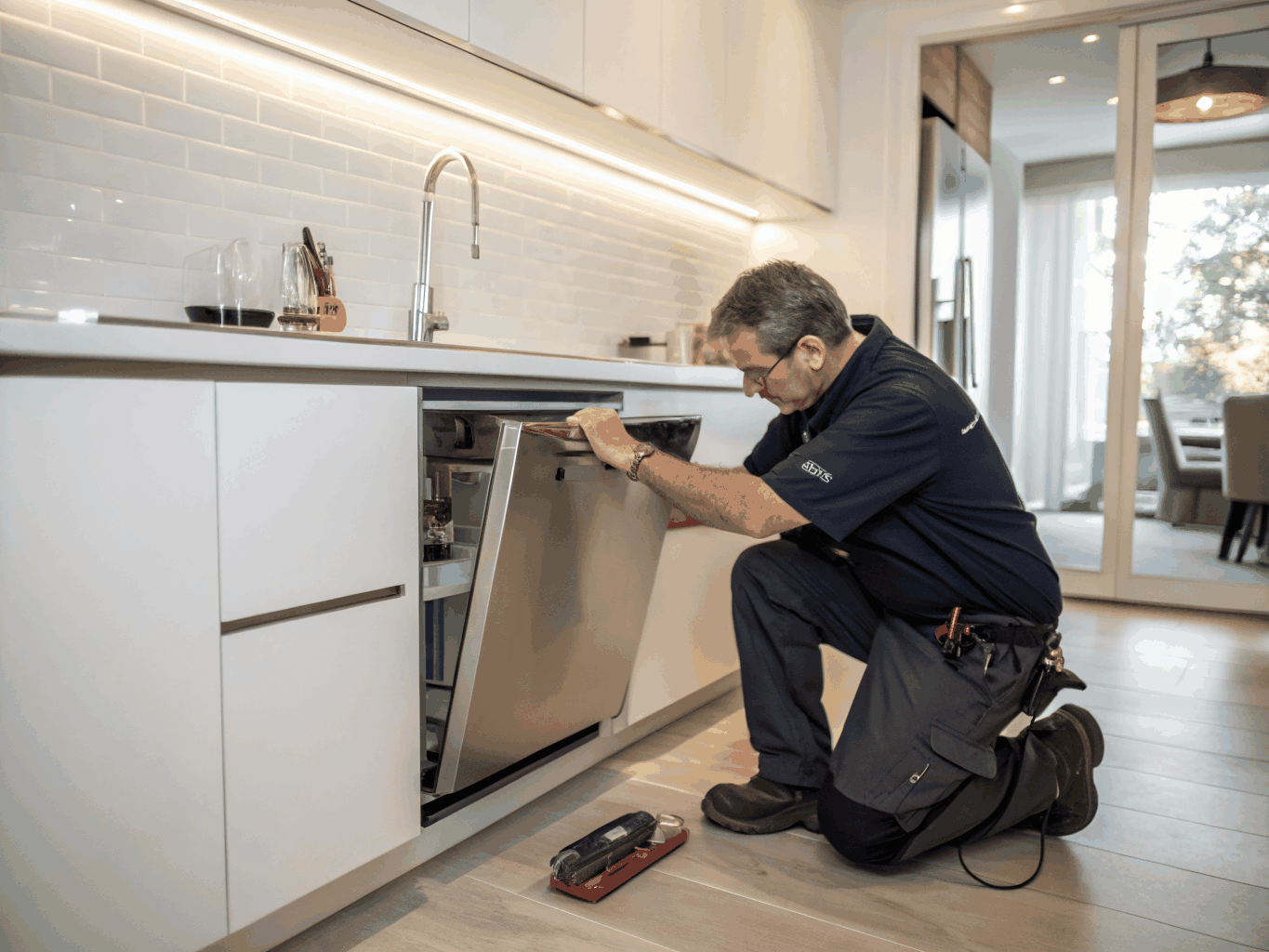 Technician Robert Keller diagnosing a dishwasher circulation pump in a Roswell home kitchen