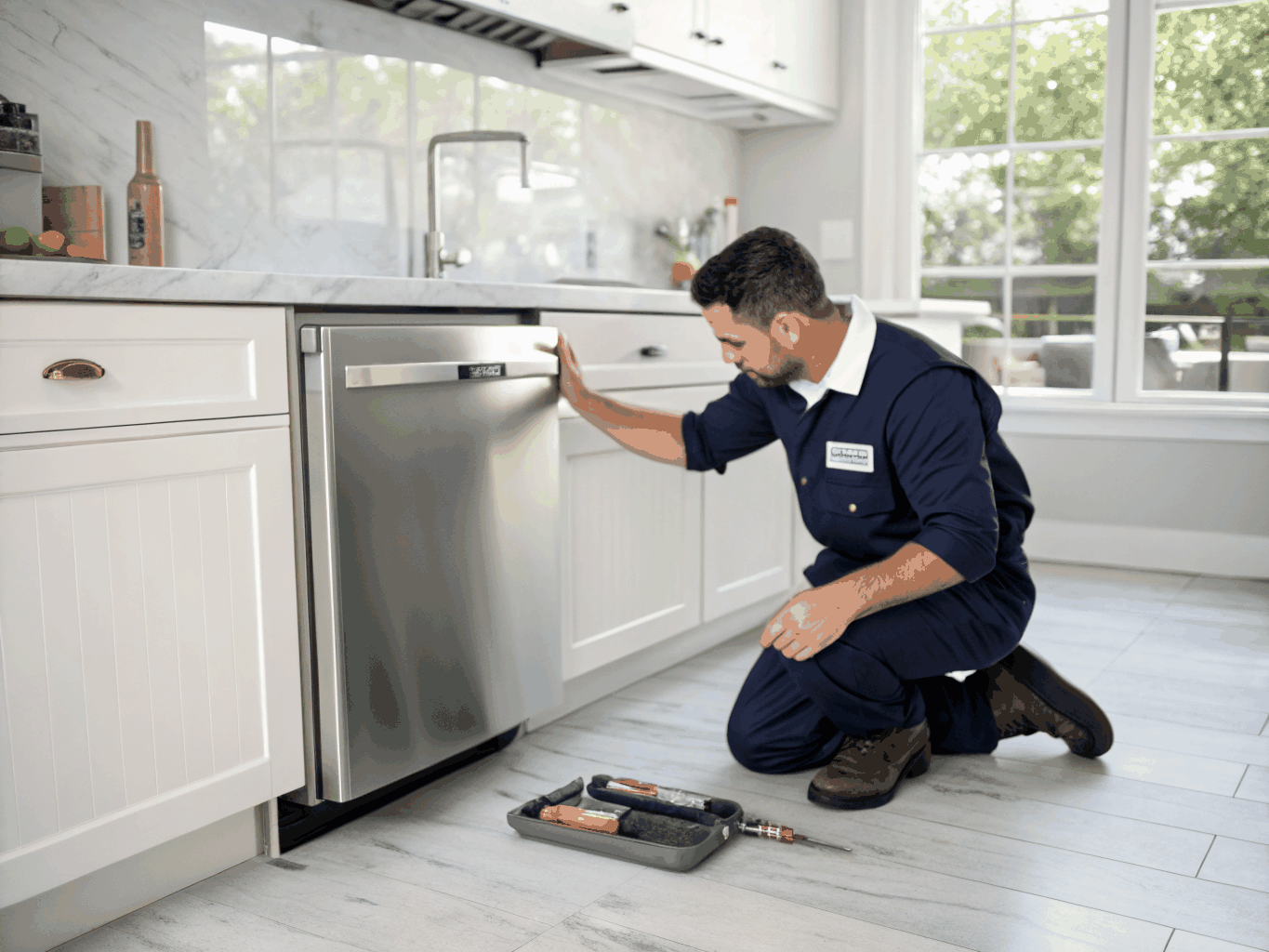 Professional technician inspecting residential appliance in Roswell