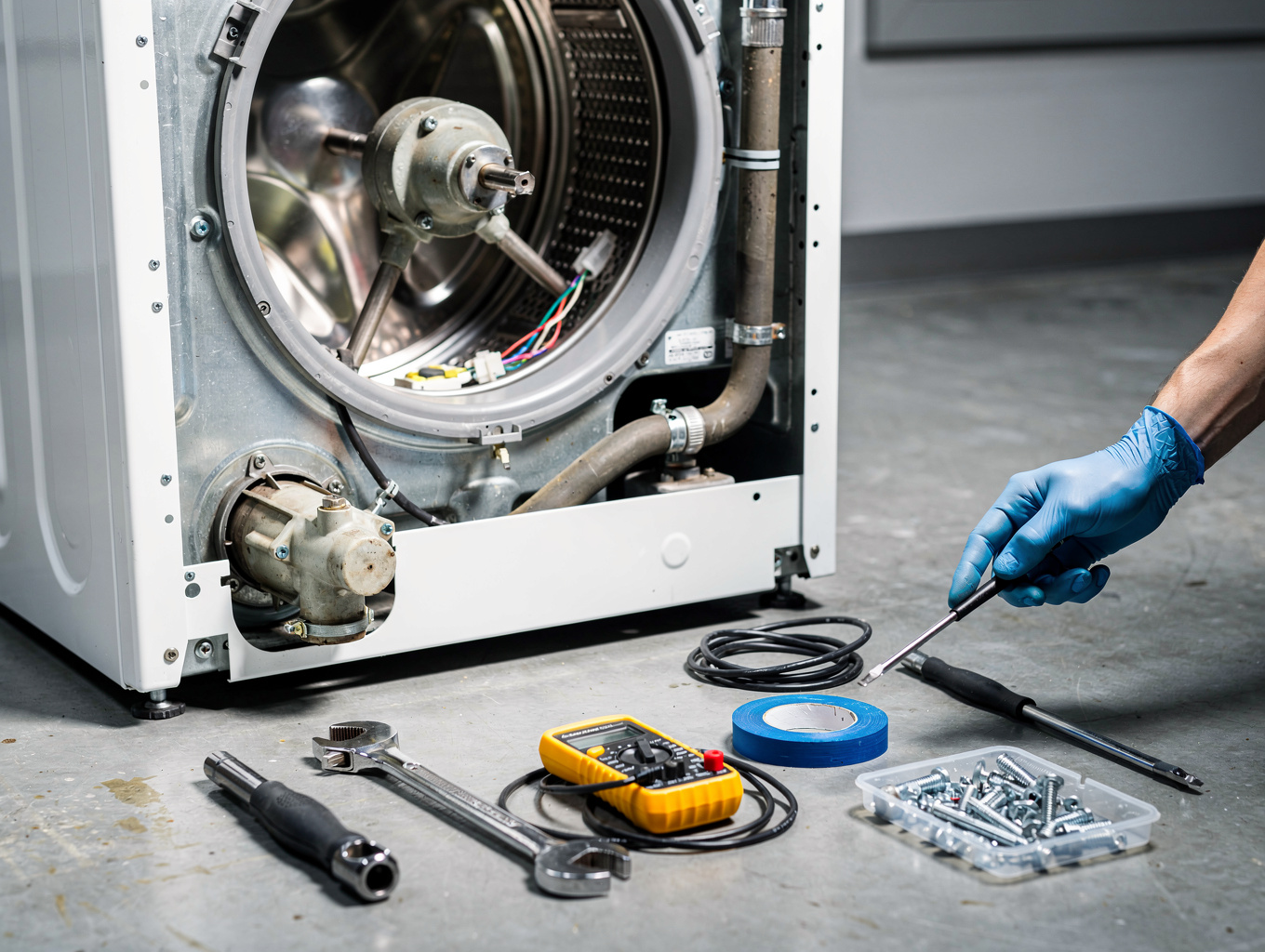 Front-load washing machine pump and drum repair in Roswell laundry room