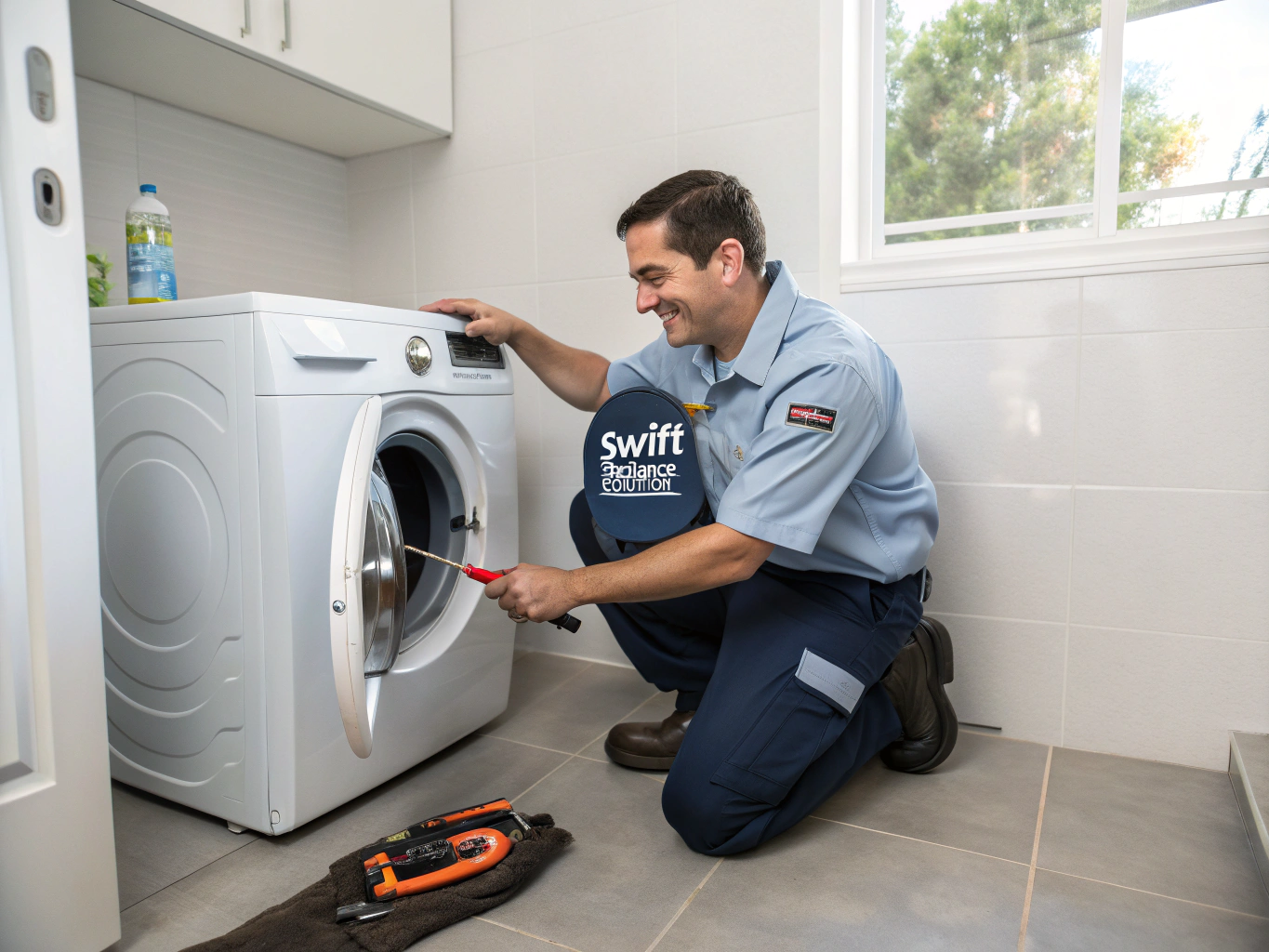 Certified appliance technician diagnosing a front-load washing machine in Roswell GA