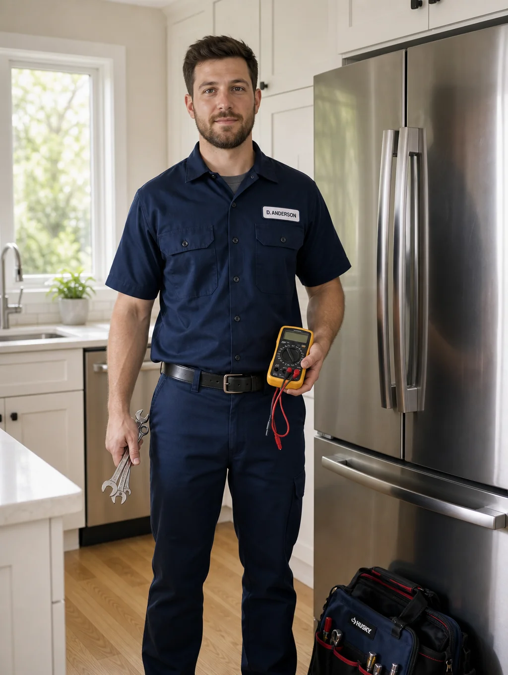 Appliance repair technician inspecting modern residential water heater unit