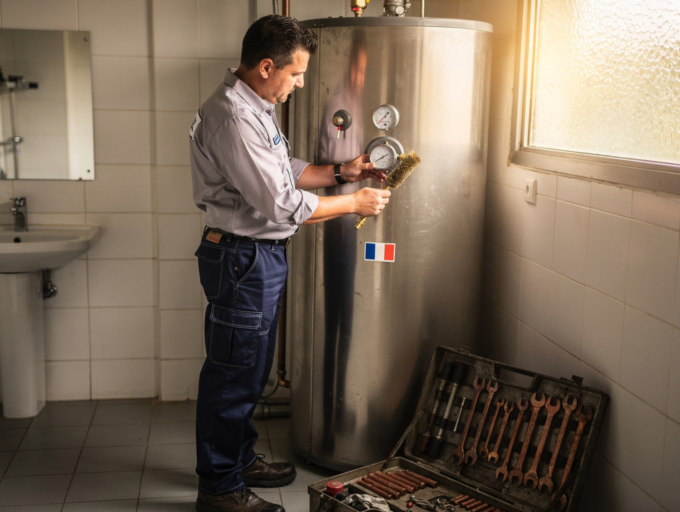 Appliance repair technician inspecting water heater components